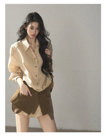 AOMALM - "Autumn Botanicals" Amber Yellow Striped Shirt & Wrap Faux Half-Skirt Set