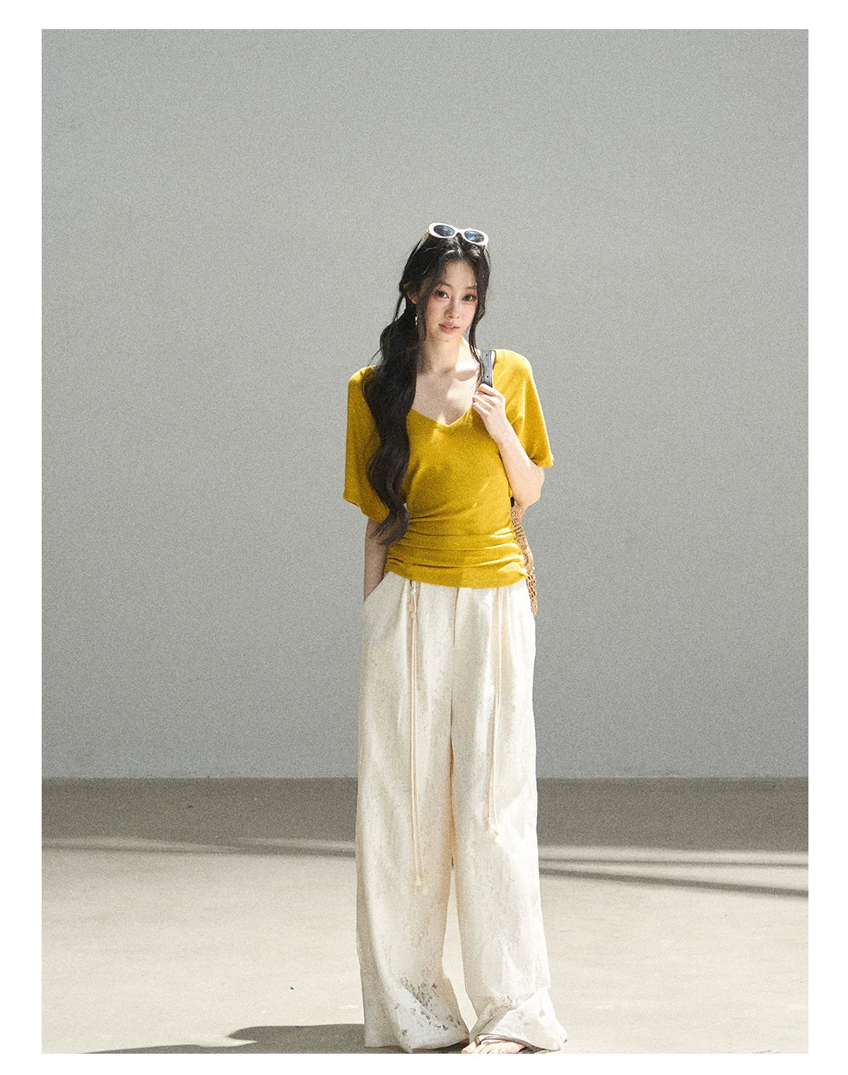 "A Love Letter to Sunlight" Dutch Cream Lace Wide-Leg Pants (With Matching Waist Rope)