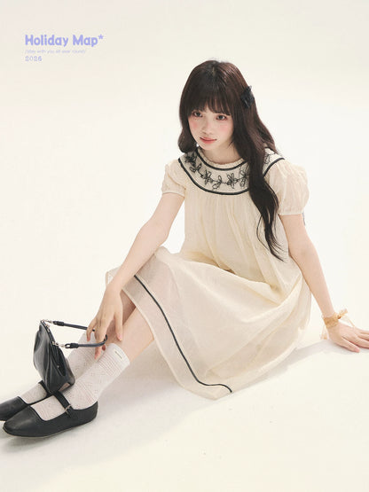 "Midnight Princess" Yellow Flower Rope Embroidered Babydoll Midi Dress