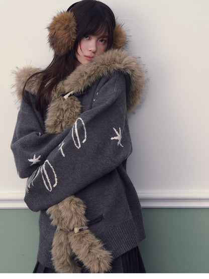 Soote Season - Hooded Star Jacquard Knit Cardigan with Faux Fur Collar - Smoky Gray