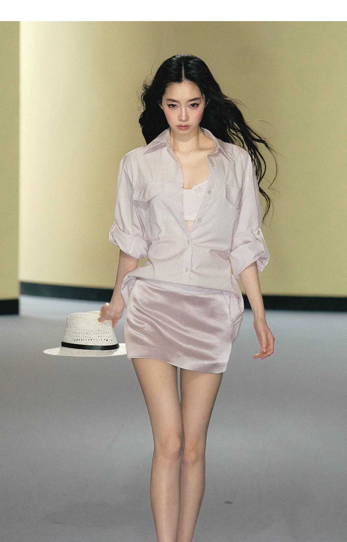 "Rosé Study Session" Pink Stripe Shirt, Lace Corset Cami & Champagne Skort Set