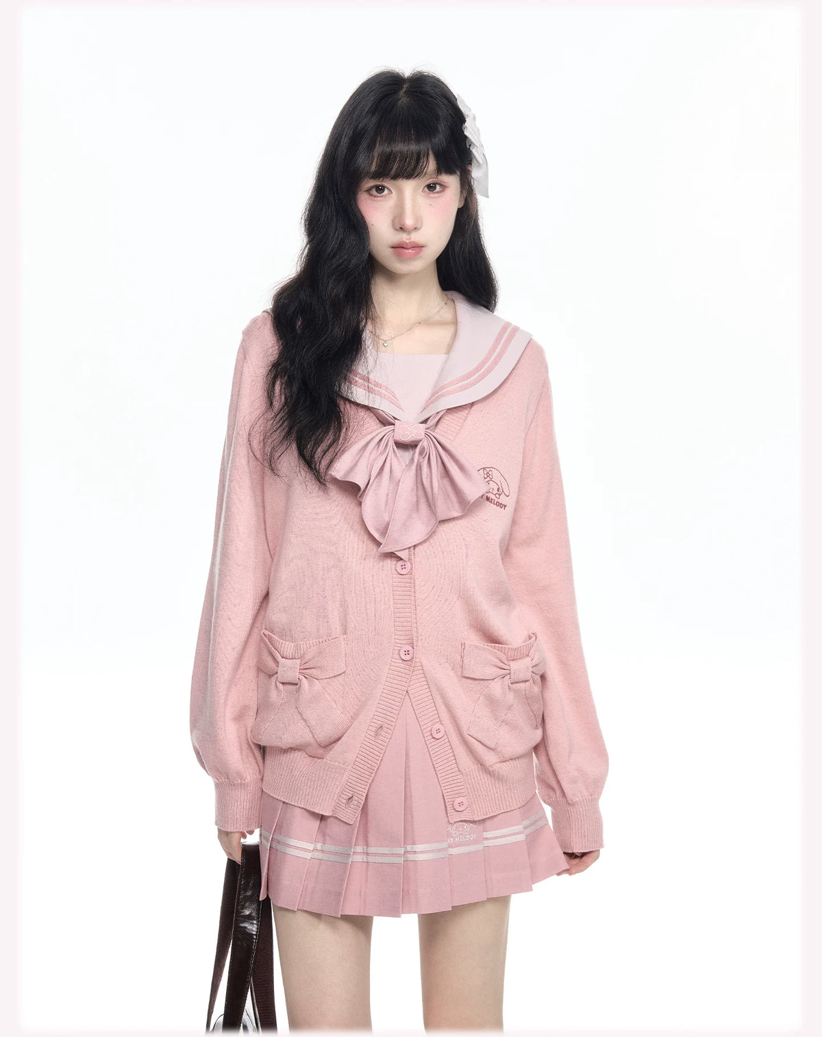 “Melody Blush” Pink Knit Cardigan & Sailor Uniform Set
