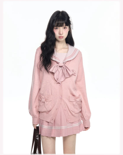 “Melody Blush” Pink Knit Cardigan & Sailor Uniform Set