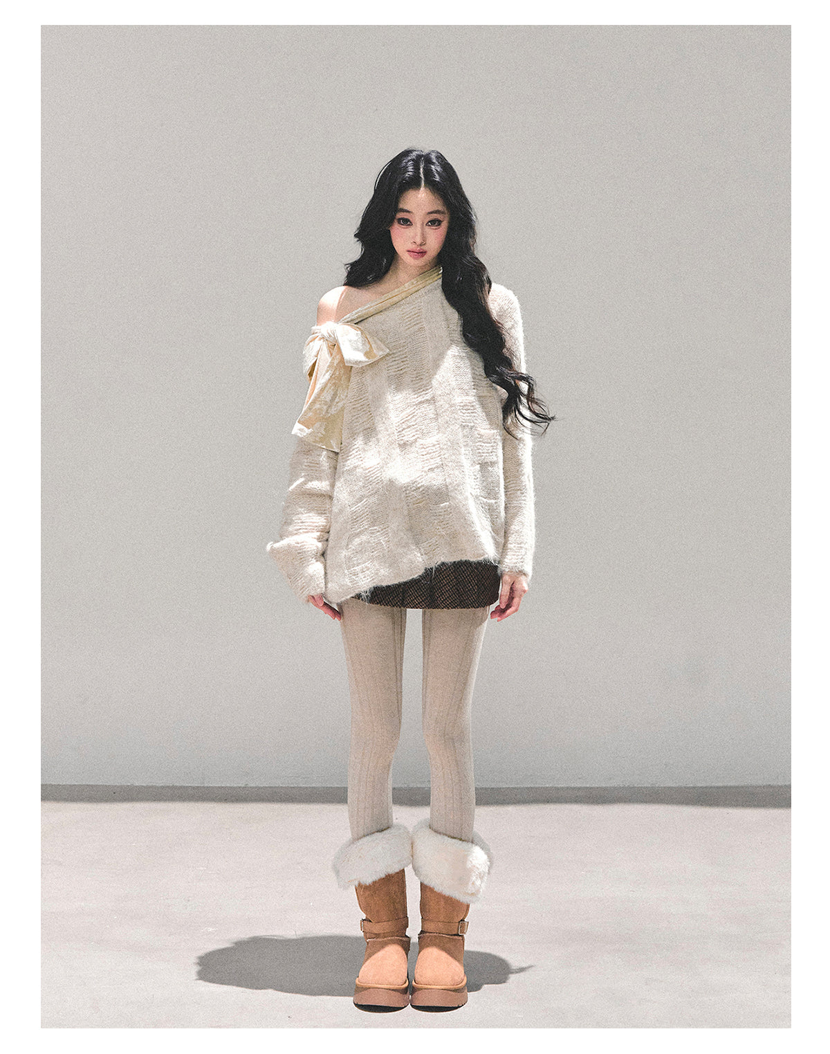 少也眼 "She Walks Through Morning" Bow-Knit Off-Shoulder Sweater - Almond Beige 58634584