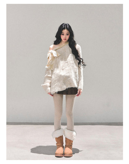 少也眼 "She Walks Through Morning" Bow-Knit Off-Shoulder Sweater - Almond Beige 58634584