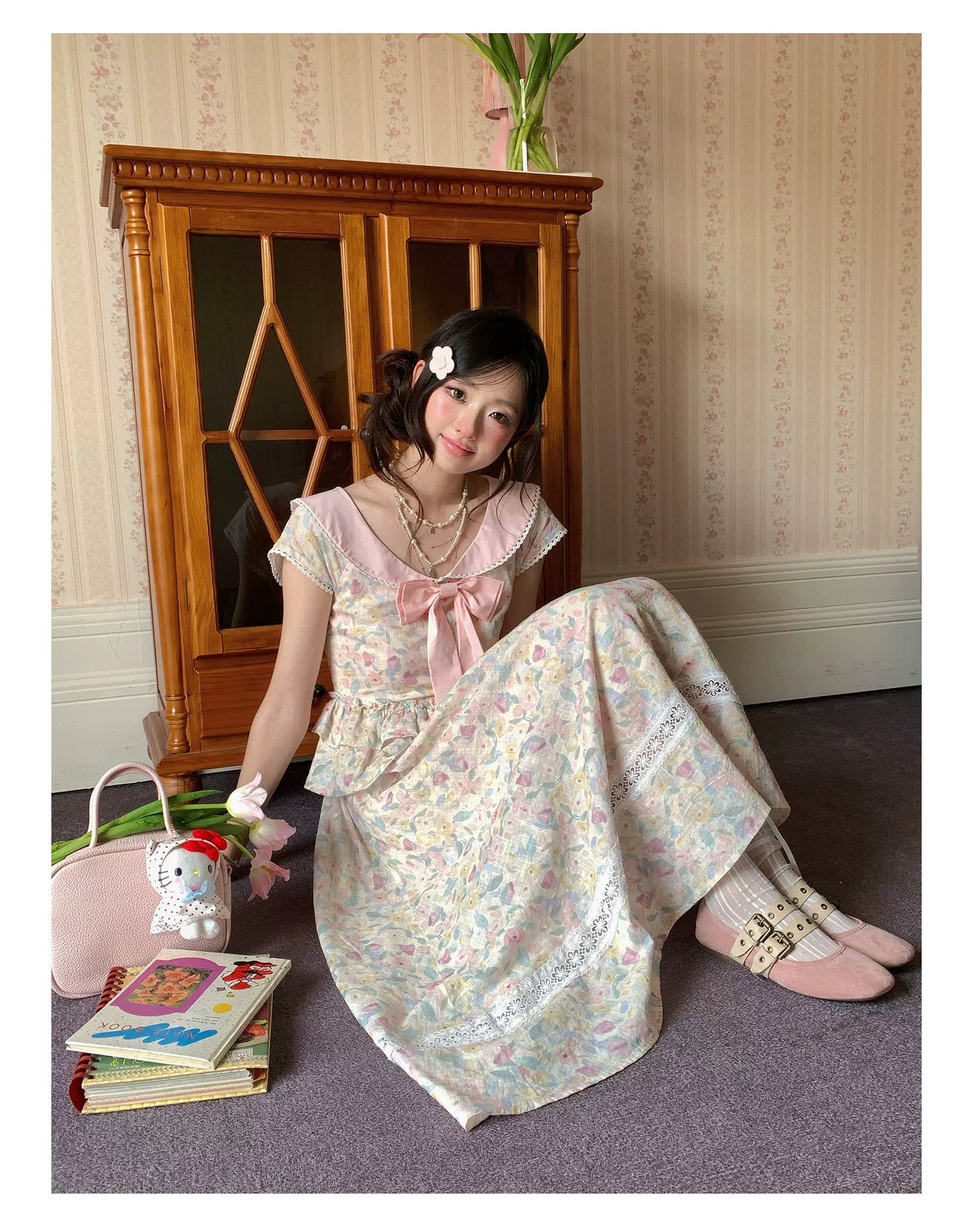 “Peach Blossom Ballad” Pink Floral Lace Maxi Dress