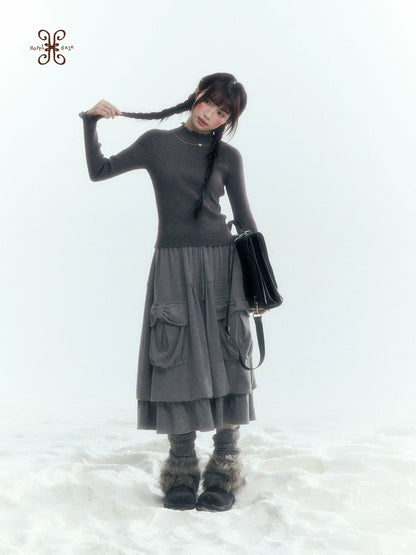 Horridale - Light Gray Pleated Knit Bubble Skirt with Oversized Pockets