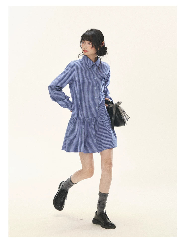 "Holiday Blues" Blue Plaid Bow Shirt Mini Dress