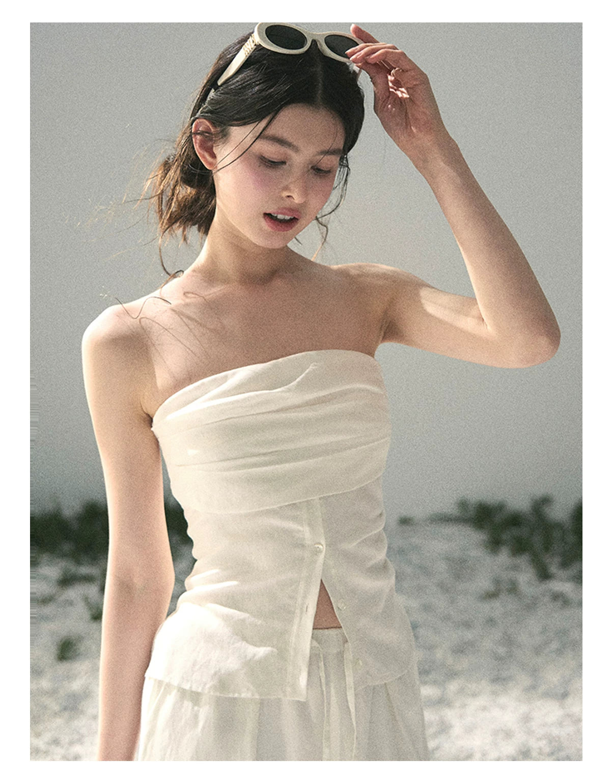 “Breath Across the Shoulders” Natural Beige Layered Bustier Top & Wide-Leg Trousers