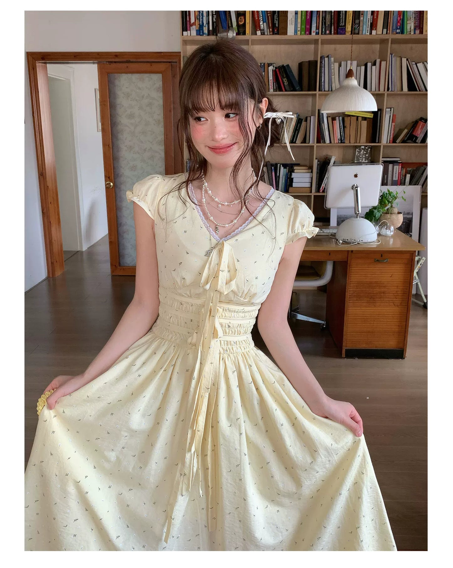 [RF] “Butter Peach Blossom” Goose Yellow Floral Maxi Dress