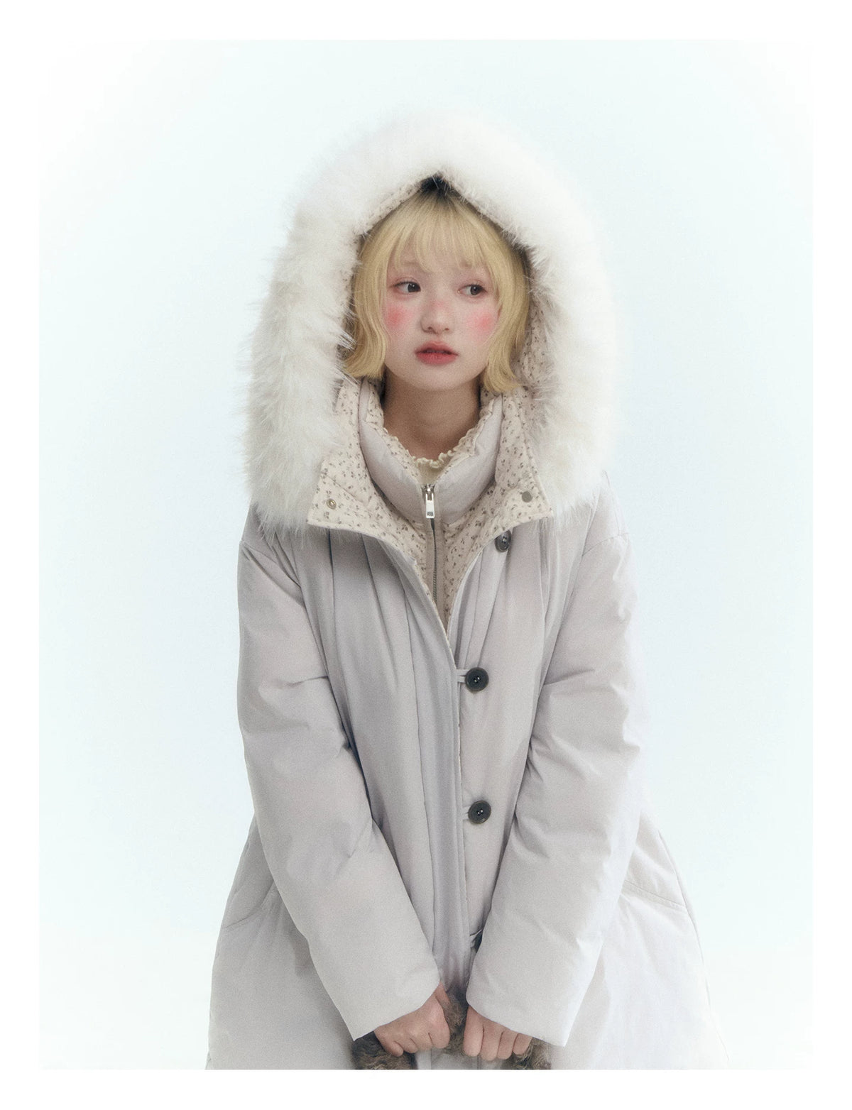 Horridale - Snow-Dusted Floral 90% White Duck Down Puffer Jacket (Light Peach Pink / Silver Gray)