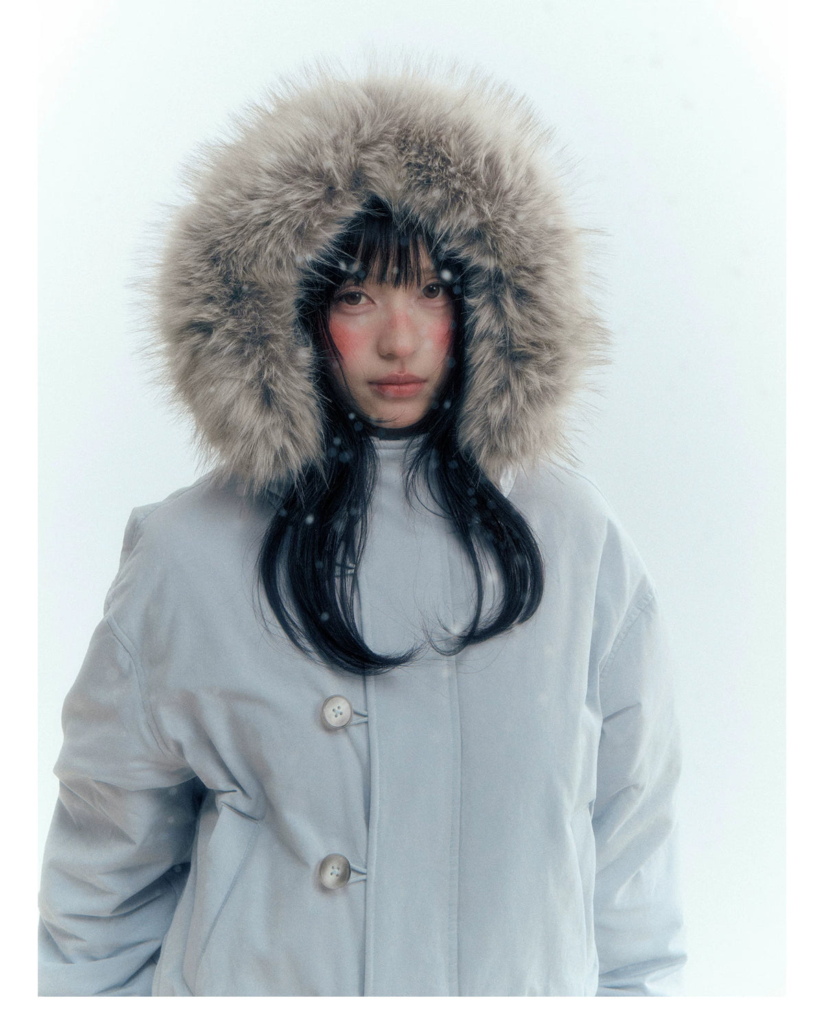 Horridale - Mist Blue Hooded Down Jacket with Detachable Faux Fur Collar