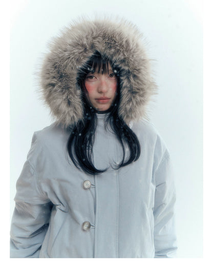 Horridale - Mist Blue Hooded Down Jacket with Detachable Faux Fur Collar