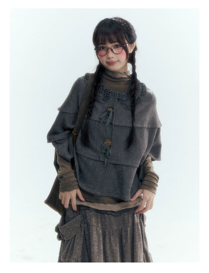 Horridale - Warm Charcoal Gray Knit Cape Poncho with Ruffle Collar