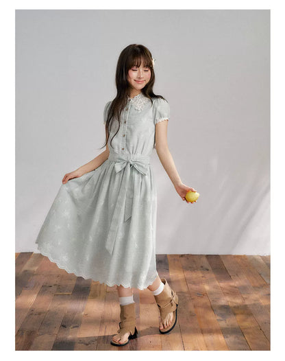 “Sage Meadow Reverie” Sage Green Embroidered Shirt Dress