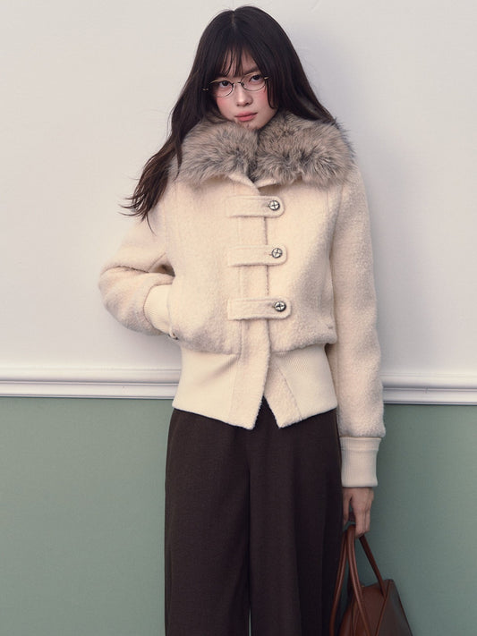 Soote Season - Cream White Wool-Blend Cropped Down Jacket with Faux Fur Doll Collar