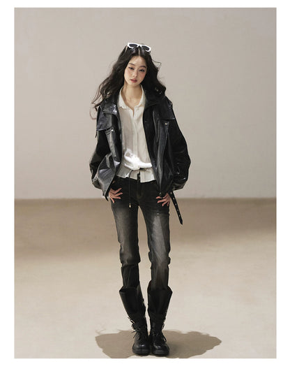 AOMALM - "Solo Journey" Quiet Black Oversized PU Moto Jacket