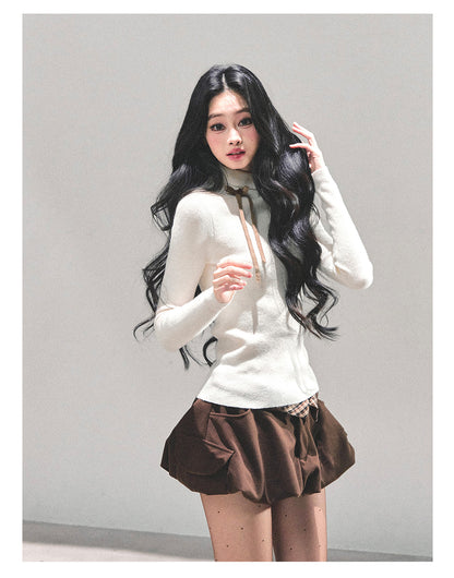 少也眼 “Velvet Touch” Semi-Turtleneck Long Sleeve Knit Top - Almond 586255478