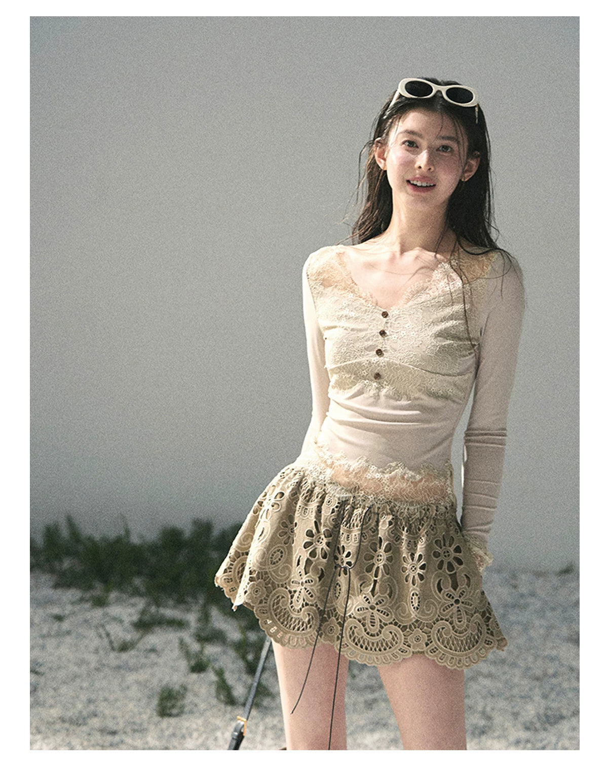 “Traces Left by the Wind” Ash Ivory Lace V-Neck Top