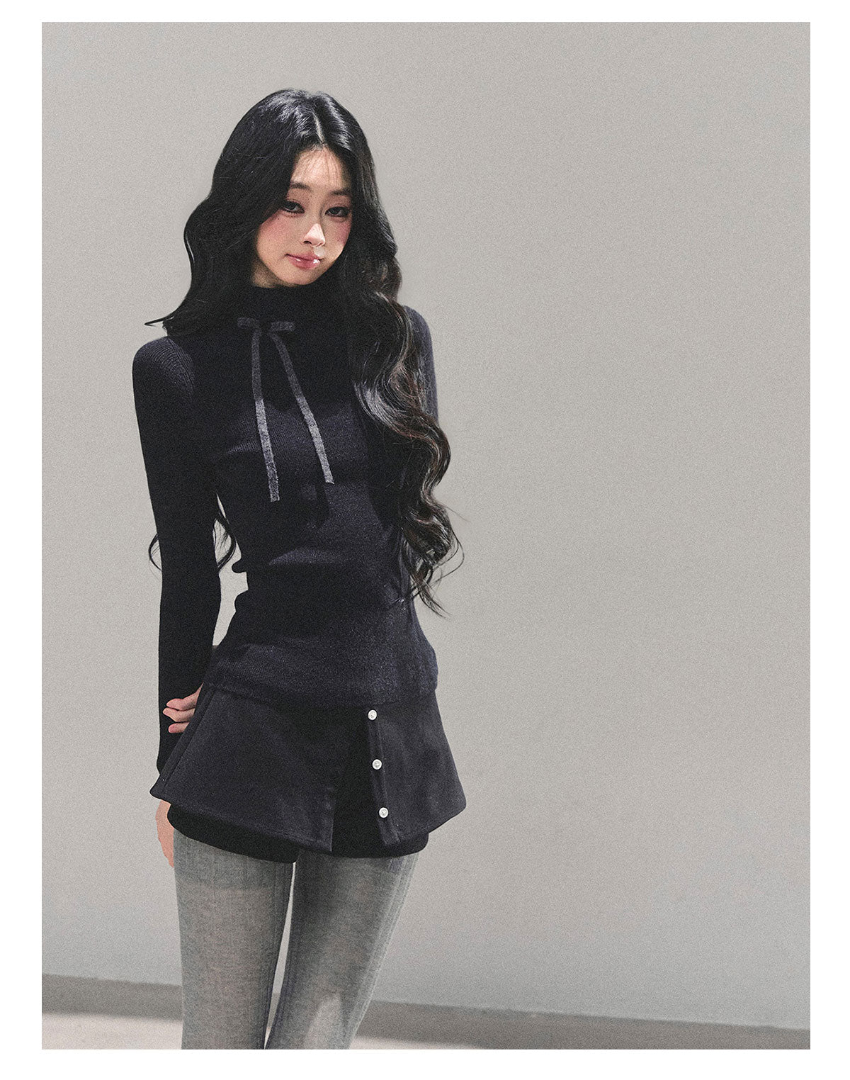 少也眼 “Velvet Touch” Semi-Turtleneck Long Sleeve Knit Top - Black 586255478