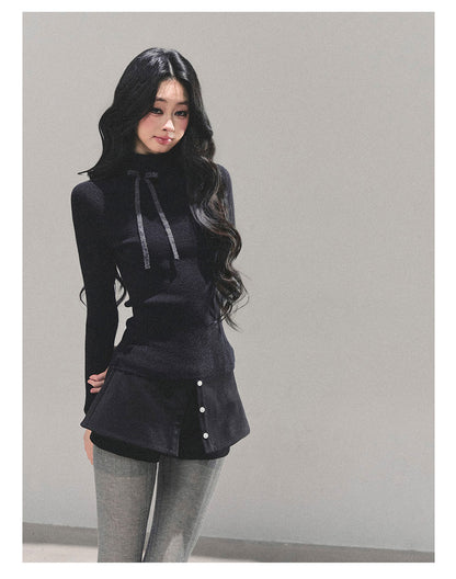 少也眼 “Velvet Touch” Semi-Turtleneck Long Sleeve Knit Top - Black 586255478