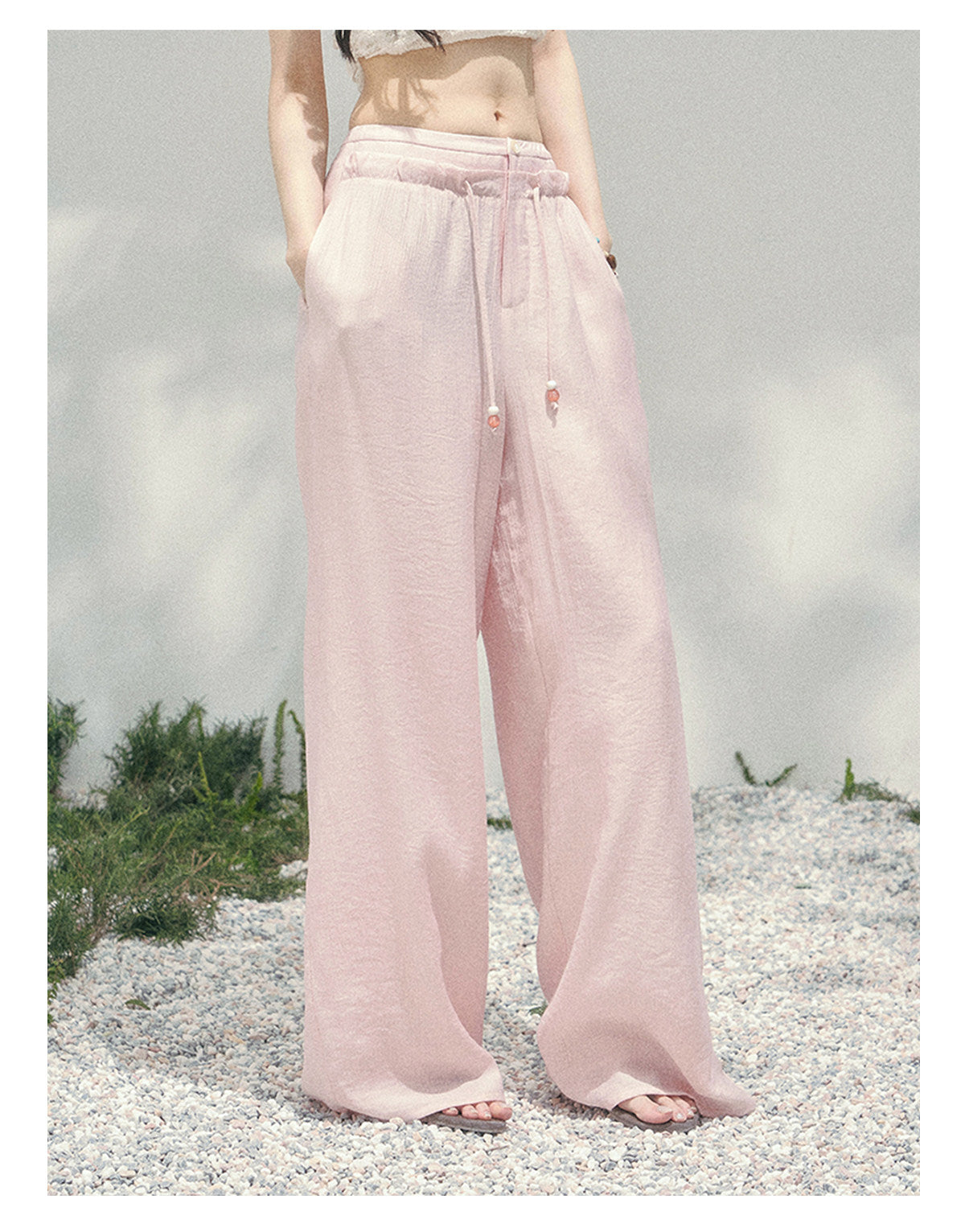 少也眼 "Misty Walk Pants" Soft Mist Pink Wide-Leg Chiffon Pants 546566