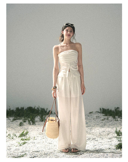 “Breath Across the Shoulders” Natural Beige Layered Bustier Top & Wide-Leg Trousers