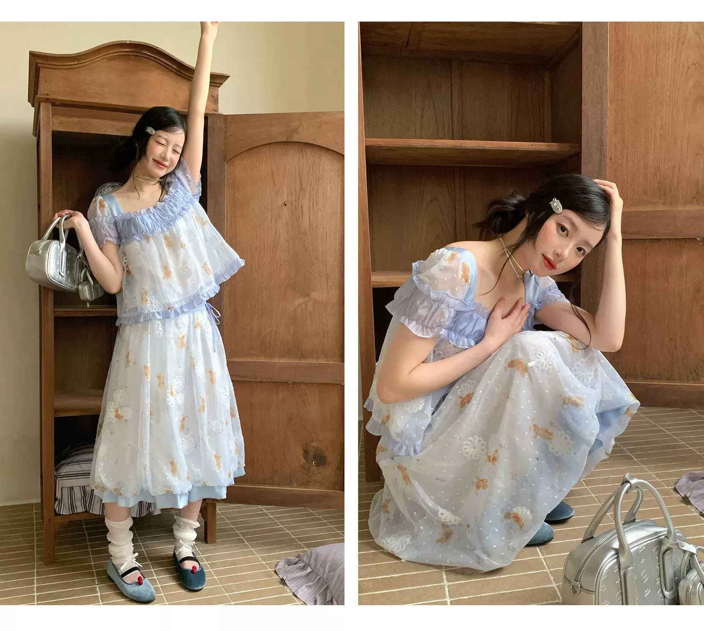 [RF] “Blue Teddy Fairytale” Bear Print Two-Piece Dress Set