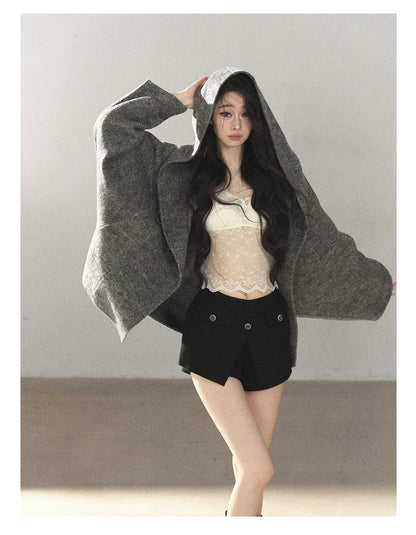 AOMALM - Dark Heather Gray Hooded Wool-Blend Jacket (With Inner Bra)