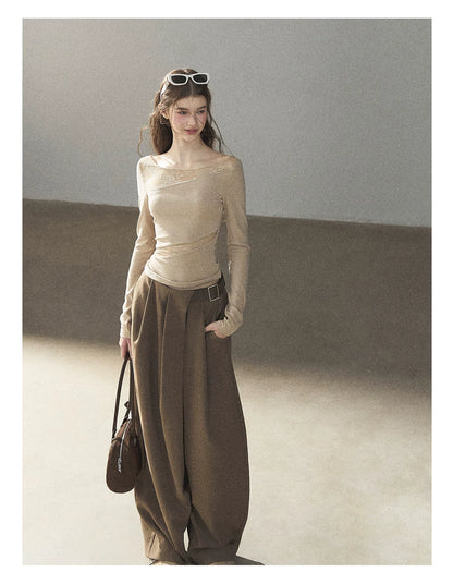 AOMALM - "A Touch of Autumn" Loose Relaxed Balloon Wide-Leg Pants With Belt (Dusty Taupe Brown / Quiet Black)
