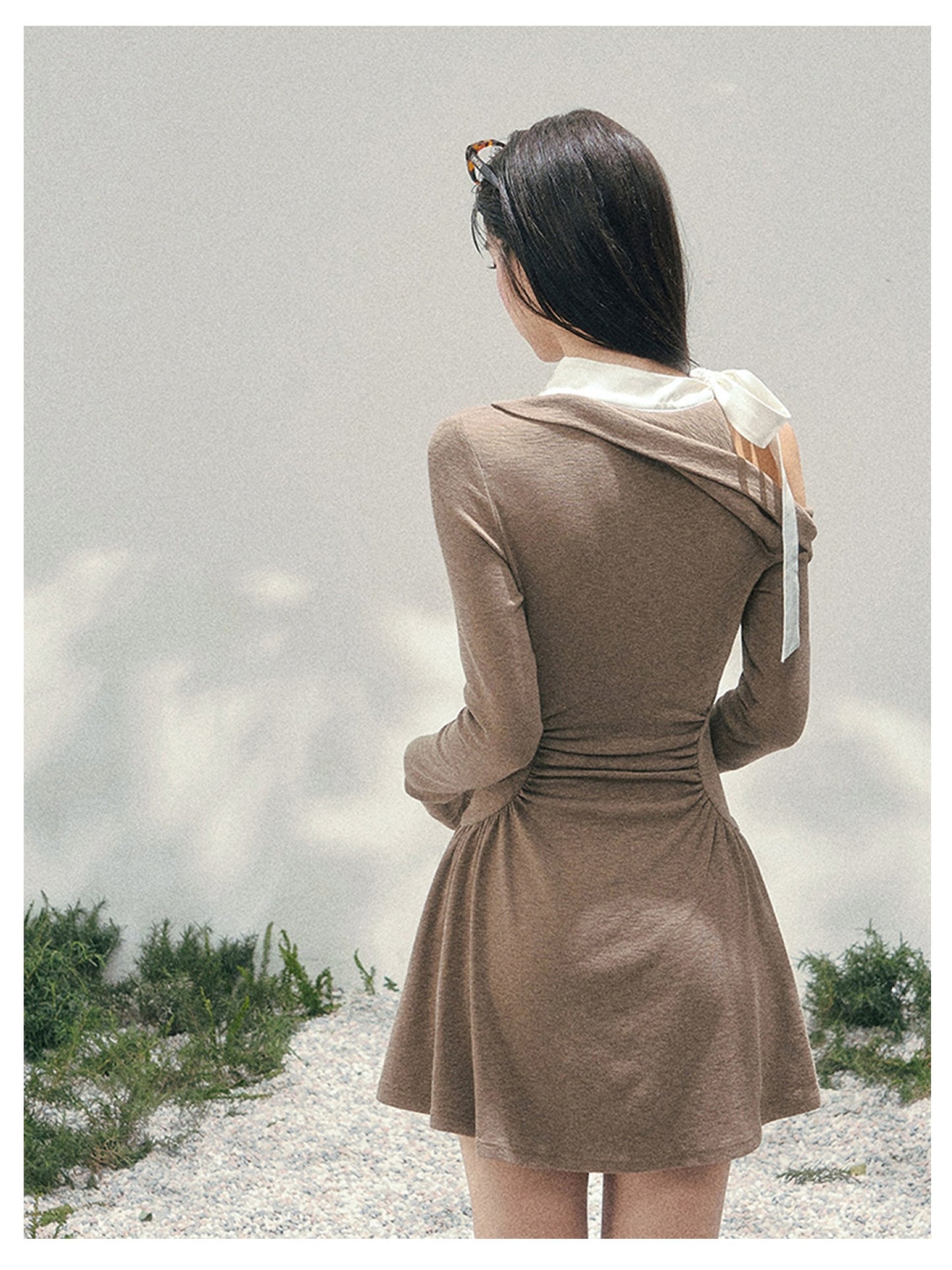 少也眼 “Lingering Warmth Entwined” Layered French Lace One-Shoulder Mini Dress - Milk Tea Beige 5435553
