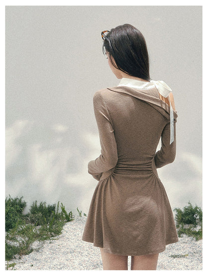少也眼 “Lingering Warmth Entwined” Layered French Lace One-Shoulder Mini Dress - Milk Tea Beige 5435553