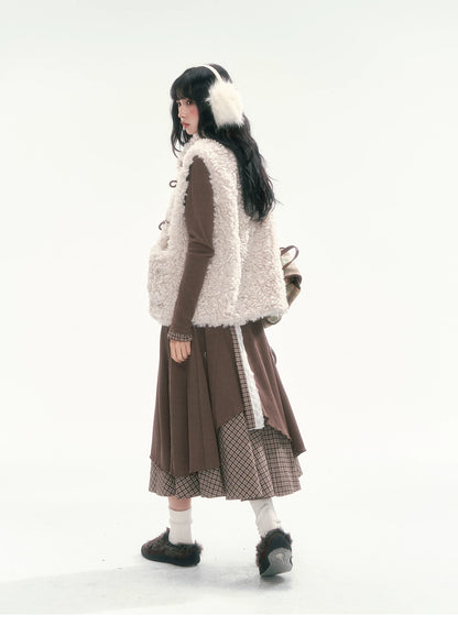 CAN - "The Velvet Alcove" Light Coffee Brown Reversible Plaid Shearling Vest