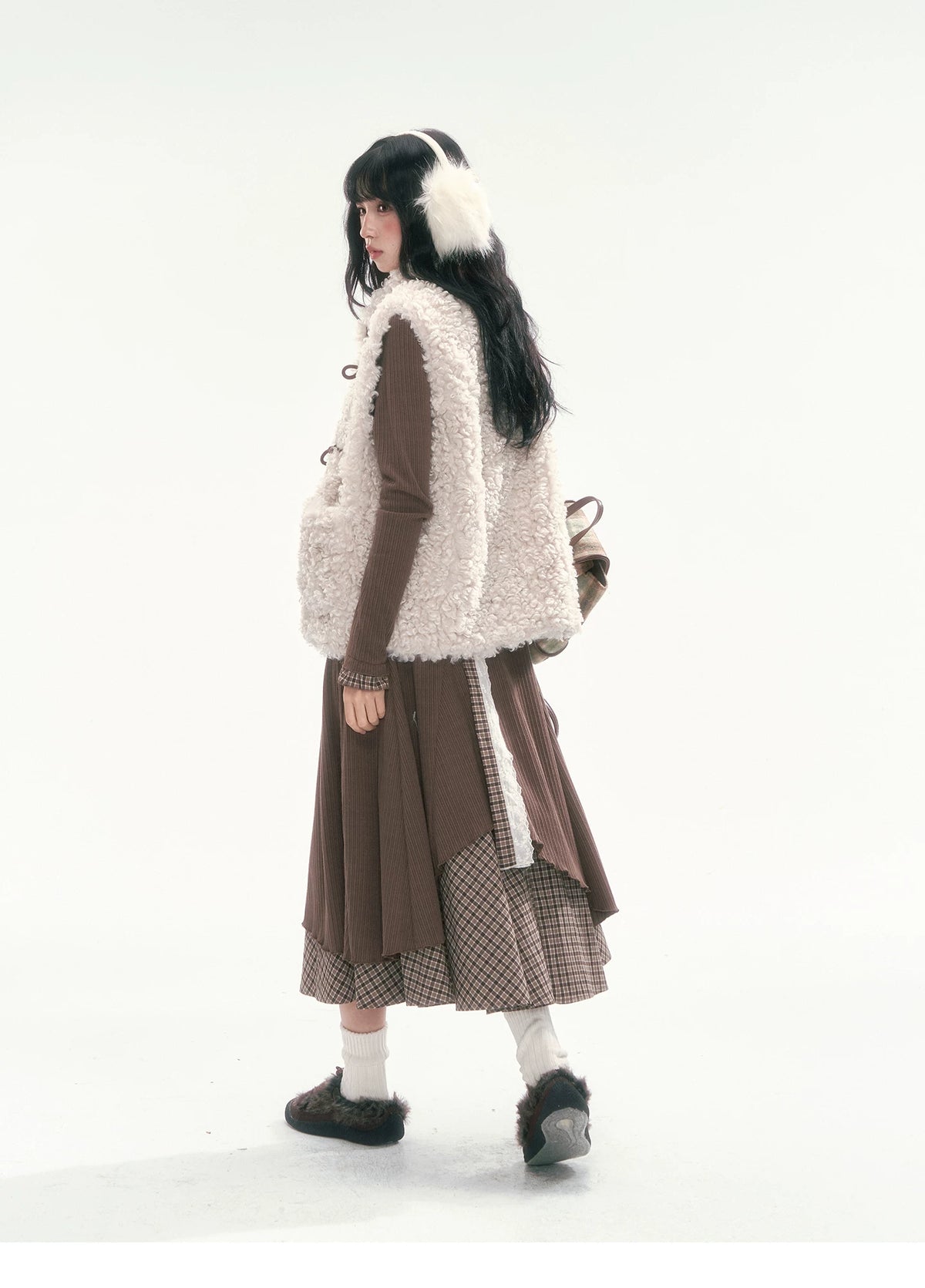 CAN - "Brownie Winterfield" Brown Plaid-Trim Ruched Knit Midi Dress
