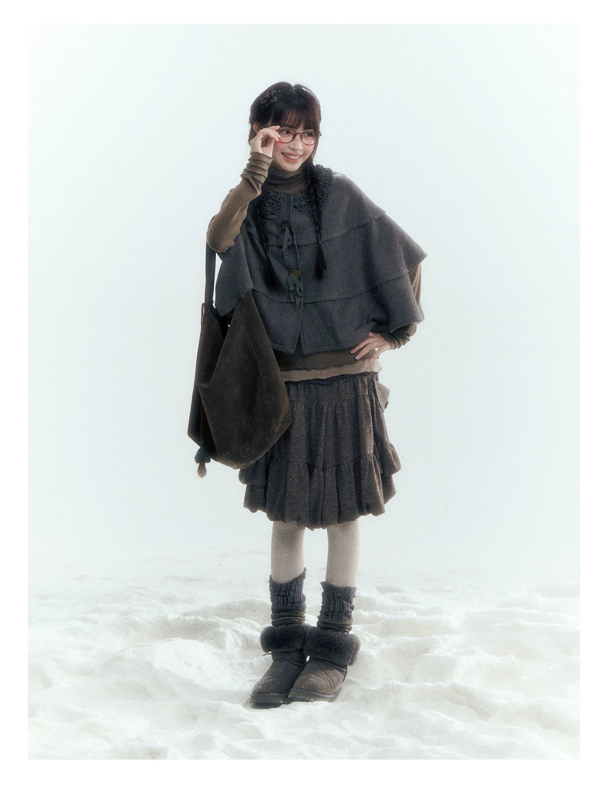 Horridale - Warm Charcoal Gray Knit Cape Poncho with Ruffle Collar