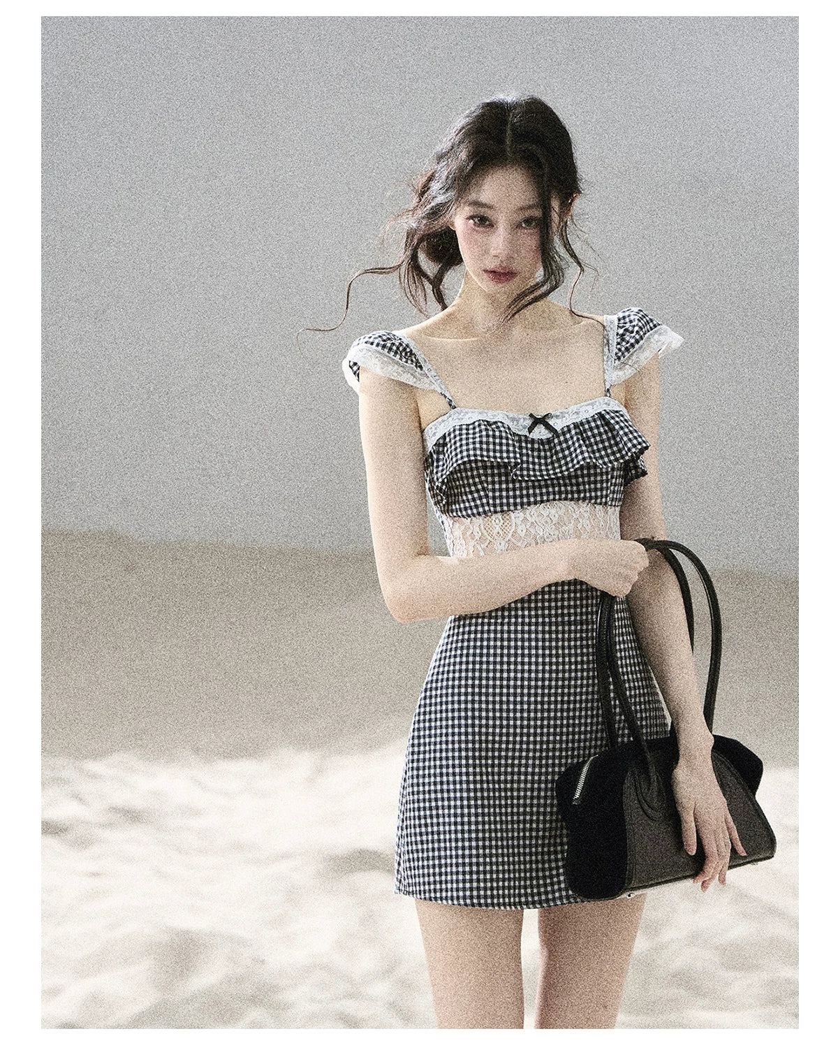 "Her in the Old Film" French Lace Plaid A-Line Mini Dress