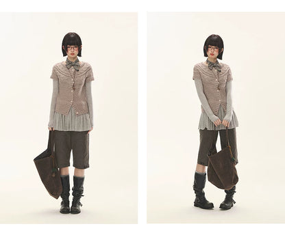 "Spring Memoir" TENCEL™ Wool Pleated Knit Midi Dress (Oat Gray/ Butter Cream)