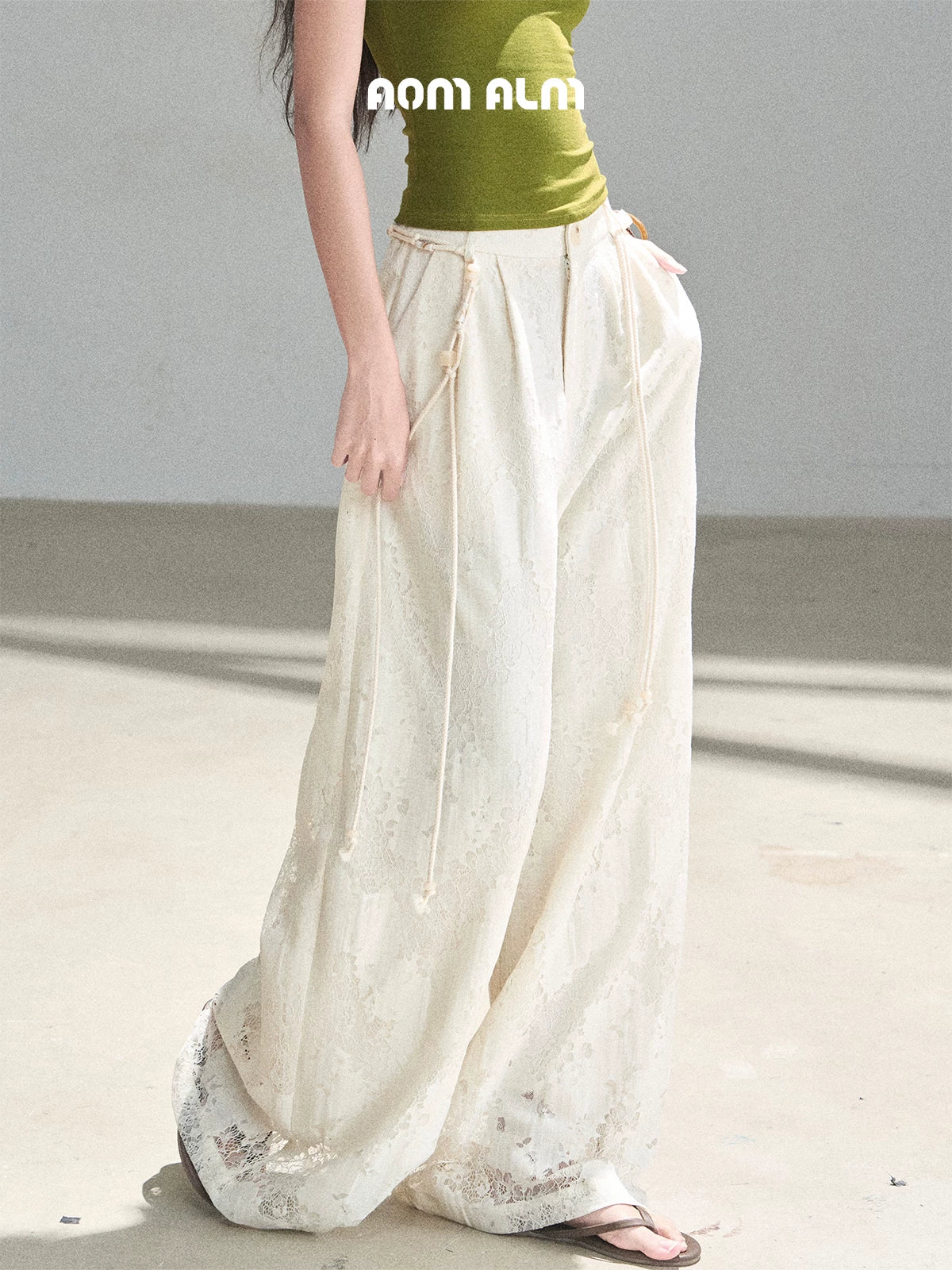 "A Love Letter to Sunlight" Dutch Cream Lace Wide-Leg Pants (With Matching Waist Rope)