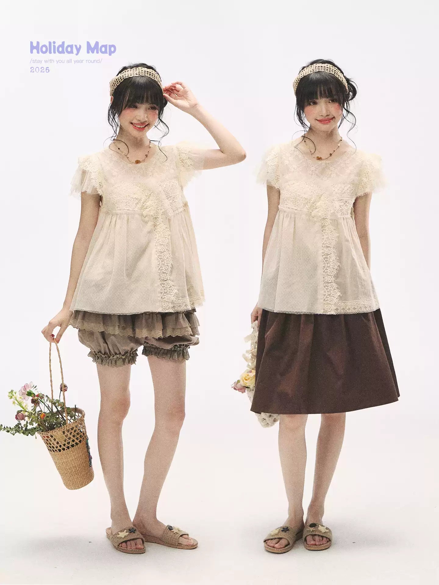 "Apricot Blossom Letter" Oatmeal Lace Patchwork Short Sleeve Blouse