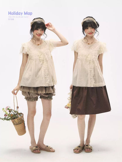 "Apricot Blossom Letter" Oatmeal Lace Patchwork Short Sleeve Blouse