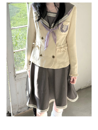 "Showa Era" Layered Uniform Collection (Collarless Blazer / Sailor Blouse / Uniform Skirt / Polka Dot Scarf)