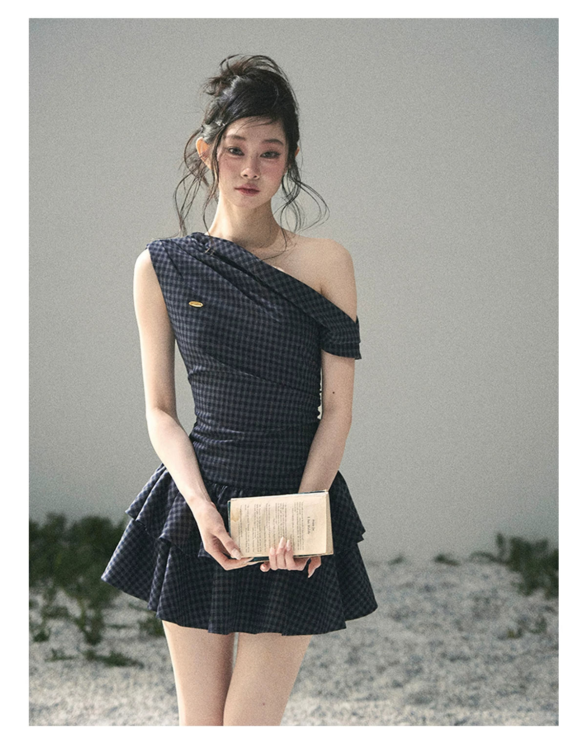 "Moonlit Bellflower Reverie" Navy Plaid One-Shoulder Mini Dress 567474