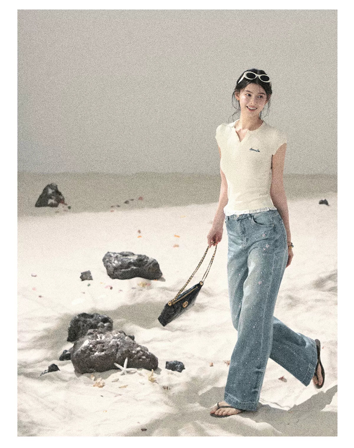 "Starlit River Shimmer" Distant Sky Blue Rhinestone Wide-Leg Jeans 65633