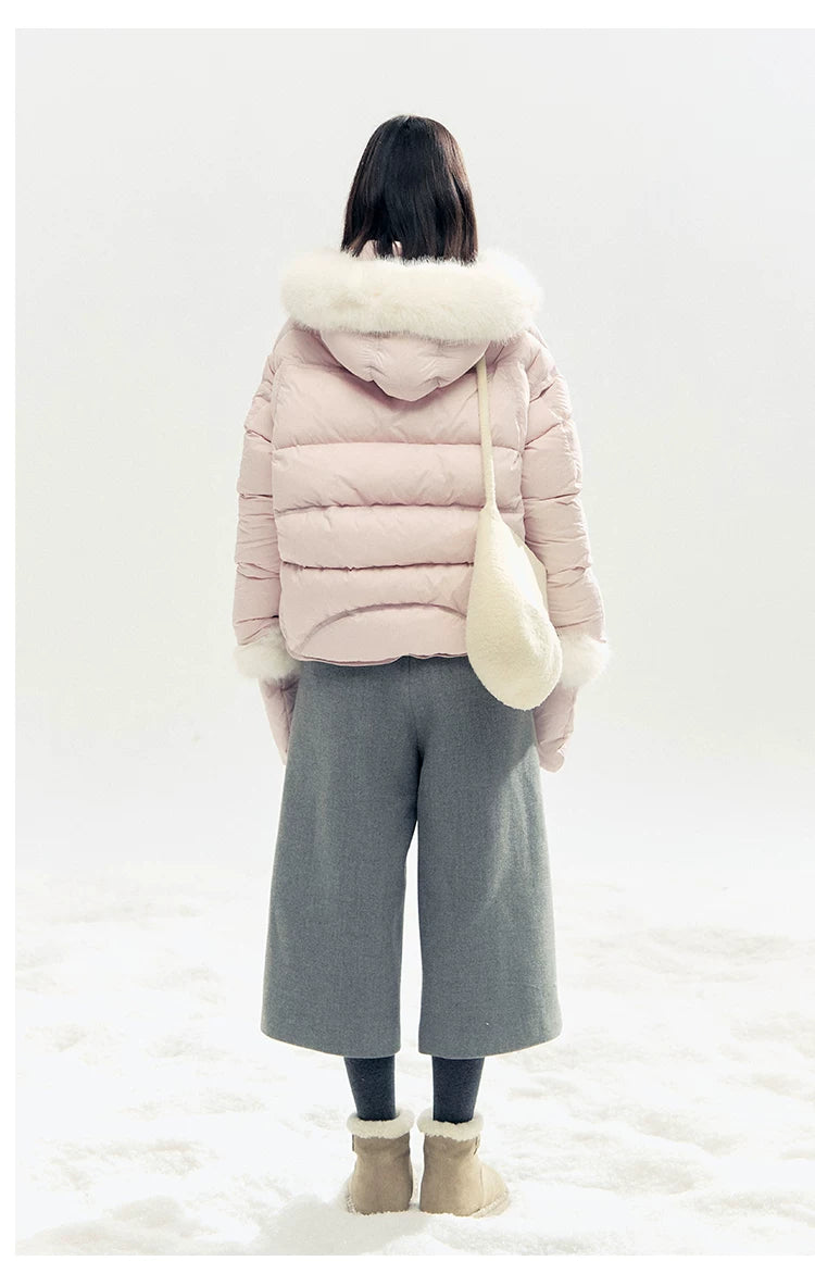 "Snowland Sprite" Peach Blush Lilac Hooded Down Jacket with Detachable Faux Fur Trim & Gloves