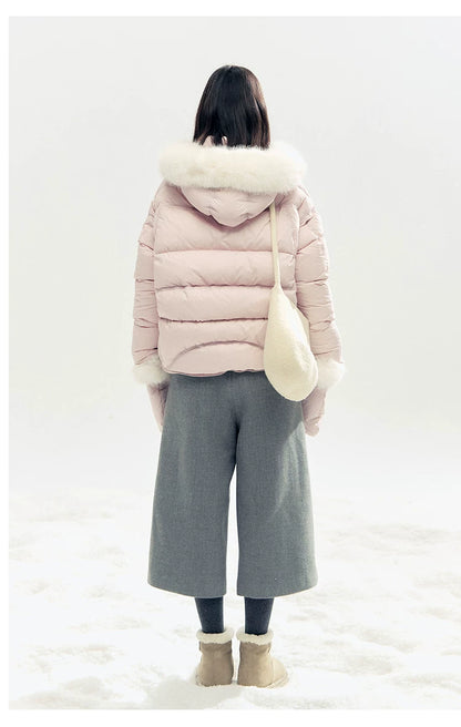 "Snowland Sprite" Peach Blush Lilac Hooded Down Jacket with Detachable Faux Fur Trim & Gloves