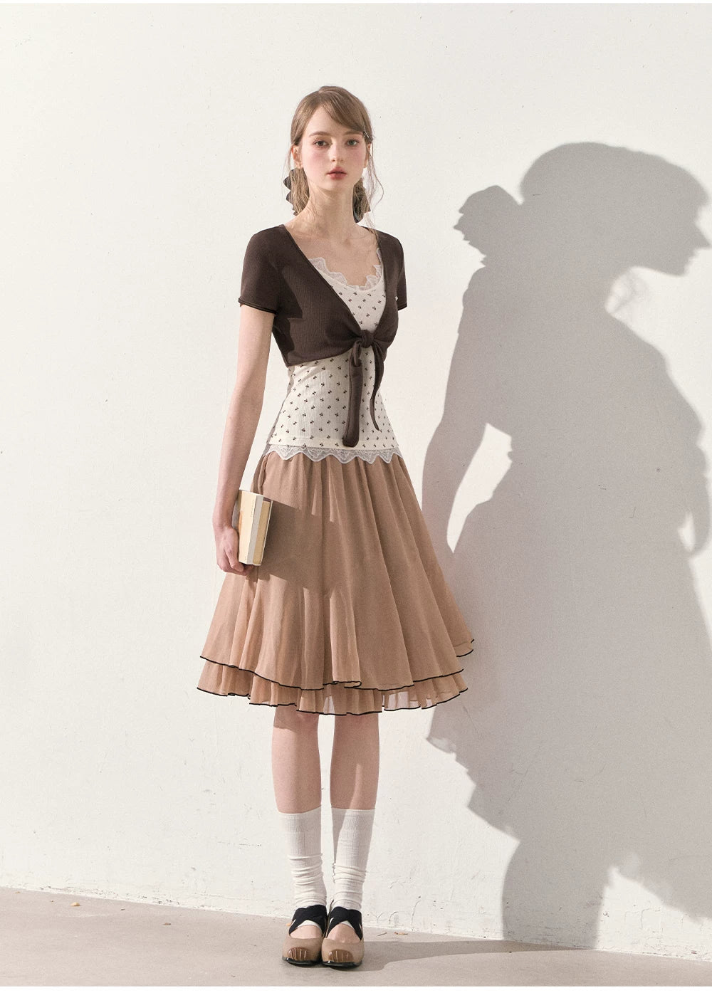 "Summer Café Encounter" Chocolate Knit Cardigan, Floral Lace Cami & Mocha Chiffon Skirt Set