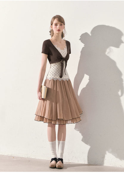 "Summer Café Encounter" Chocolate Knit Cardigan, Floral Lace Cami & Mocha Chiffon Skirt Set