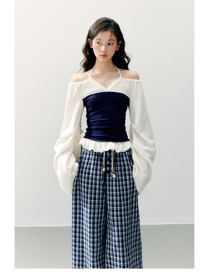 ANNATTO - Spring Navy & Ivory Off-Shoulder Knit Top & Plaid Pants Set