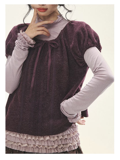 "Violet Journal" Grape Purple Bow Lace Short Sleeve Knit Top