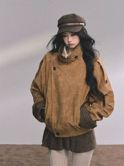 少也眼 Hazelnut Suede-Look Two-Piece Set (Jacket and Skort)